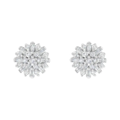 .925 Sterling Silver 1/2 Round and Baguette Diamond Sunburst Floral Cluster Stud Earrings (i-j Color I3 Clarity) - Fine