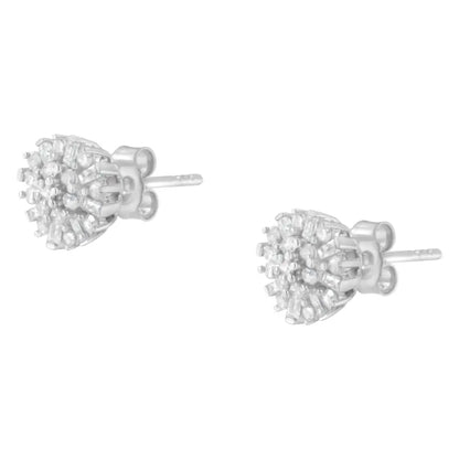 .925 Sterling Silver 1/2 Round and Baguette Diamond Sunburst Floral Cluster Stud Earrings (i-j Color I3 Clarity) - Fine