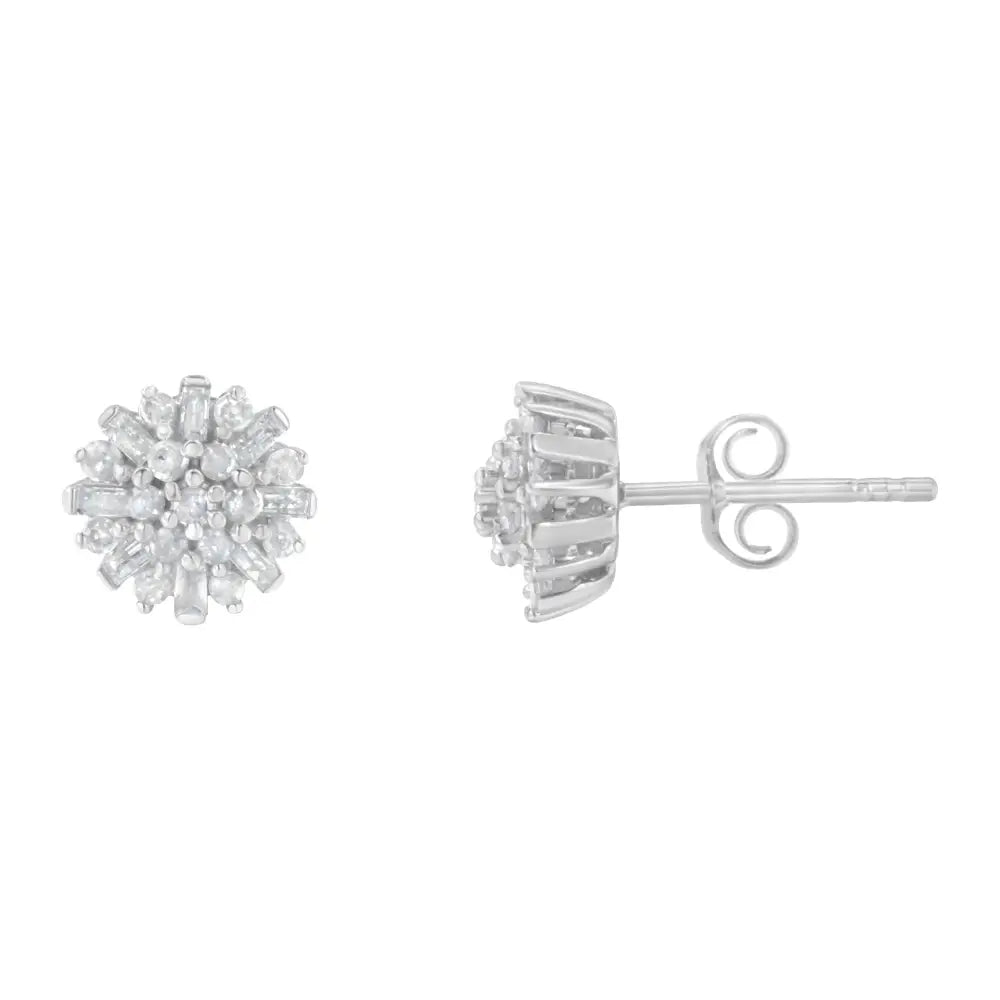 .925 Sterling Silver 1/2 Round and Baguette Diamond Sunburst Floral Cluster Stud Earrings (i-j Color I3 Clarity) - Fine