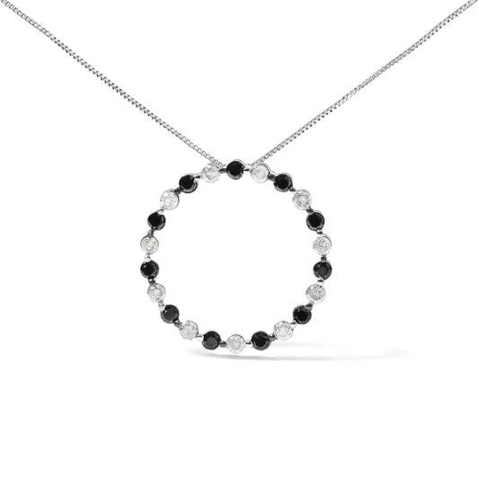 .925 Sterling Silver 1 3/4 Cttw Alternating Black and White Diamond Open Circle Hoop Pendant Necklace (h-i Color I2-i3