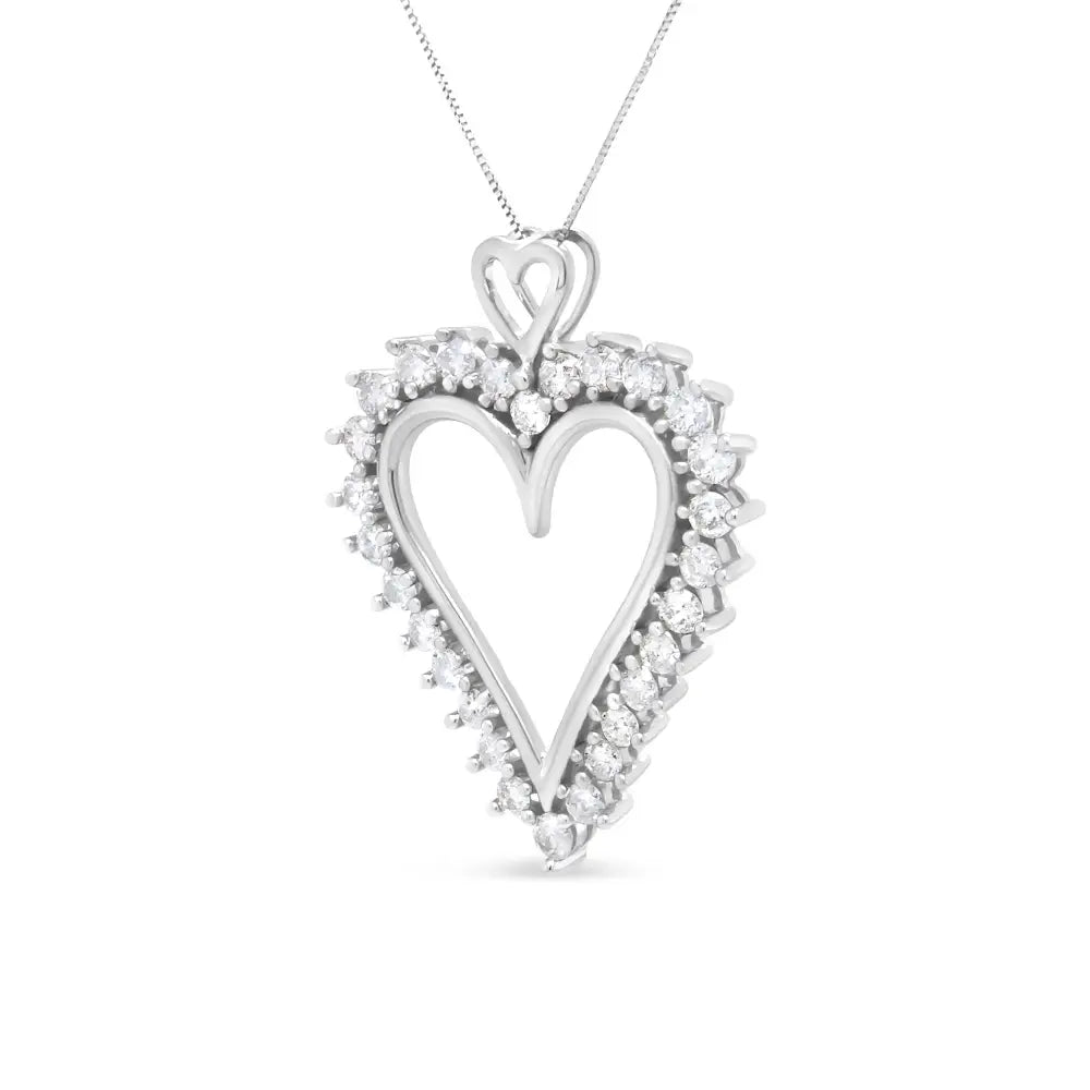 .925 Sterling Silver 1 3/4 Cttw Round Diamond Lined Open Heart Pendant 18’’ Necklace (i-j Color I2-i3 Clarity)