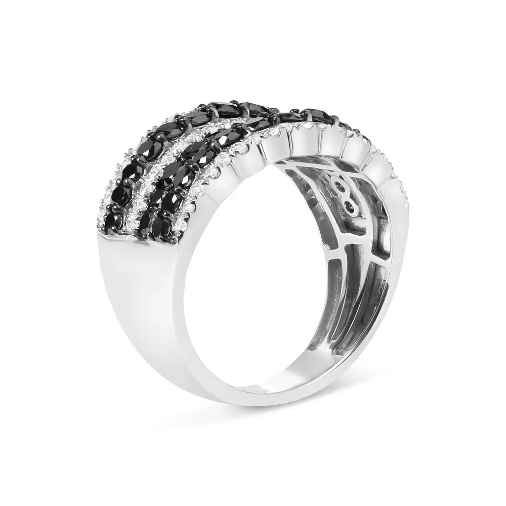 .925 Sterling Silver 1 3/4 Cttw Treated Black and White Alternating Diamond Multi Row Band Ring (black / I-j Color