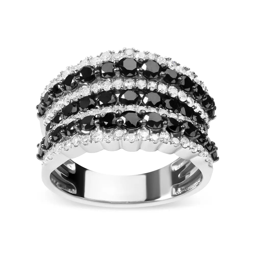 .925 Sterling Silver 1 3/4 Cttw Treated Black and White Alternating Diamond Multi Row Band Ring (black / I-j Color