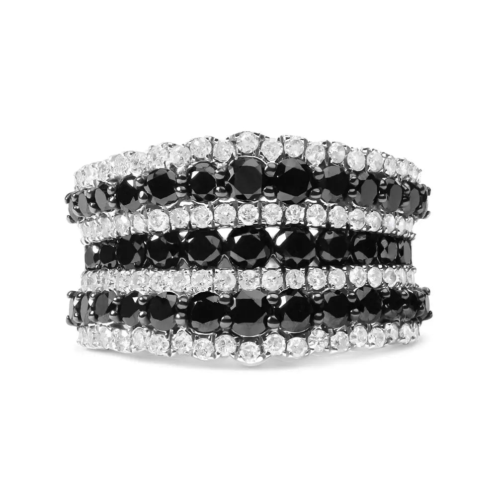 .925 Sterling Silver 1 3/4 Cttw Treated Black and White Alternating Diamond Multi Row Band Ring (black / I-j Color