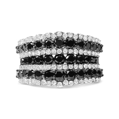 .925 Sterling Silver 1 3/4 Cttw Treated Black and White Alternating Diamond Multi Row Band Ring (black / I-j Color