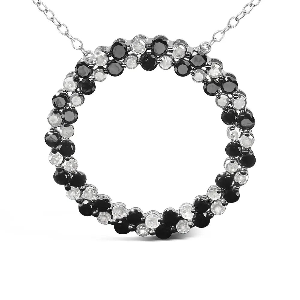 .925 Sterling Silver 1 3/5 Cttw Alternating Treated Black and White Diamond Double Row Open Circle Pendant Necklace