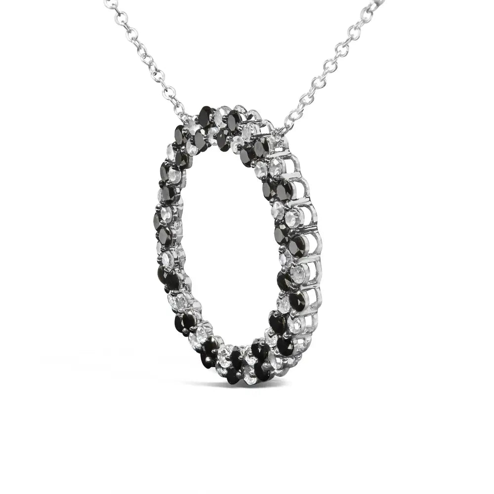 .925 Sterling Silver 1 3/5 Cttw Alternating Treated Black and White Diamond Double Row Open Circle Pendant Necklace