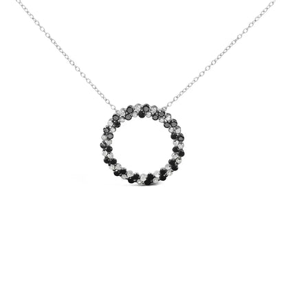 .925 Sterling Silver 1 3/5 Cttw Alternating Treated Black and White Diamond Double Row Open Circle Pendant Necklace