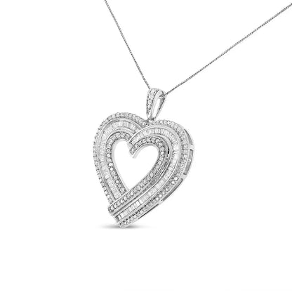 .925 Sterling Silver 1 3/8 Cttw Baguette Diamond Composite Heart 18’’ Inch Pendant Necklace (i-j Color I1-i2