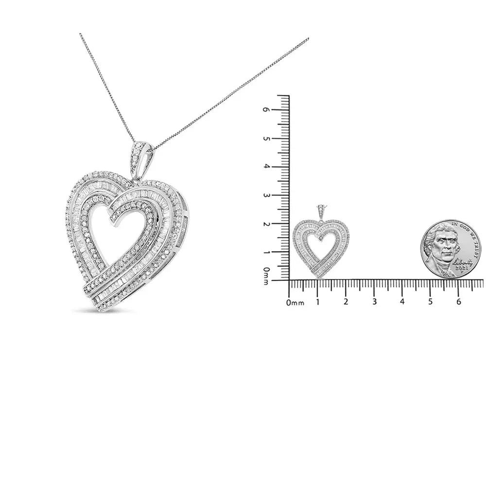 .925 Sterling Silver 1 3/8 Cttw Baguette Diamond Composite Heart 18’’ Inch Pendant Necklace (i-j Color I1-i2