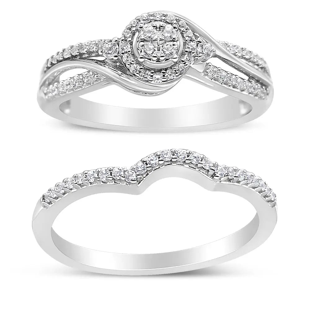 .925 Sterling Silver 1/3 Cttw Composite Diamond Frame Bypass Bridal Set Ring and Band (i-j Color I2-i3 Clarity) - Fine