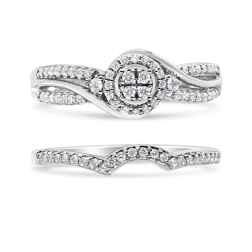 .925 Sterling Silver 1/3 Cttw Composite Diamond Frame Bypass Bridal Set Ring and Band (i-j Color I2-i3 Clarity) - Fine