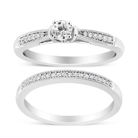 .925 Sterling Silver 1/3 Cttw Diamond Classic Engagement Ring Bridal Set with Milgrain (i-j Color I3 Clarity) - Fine