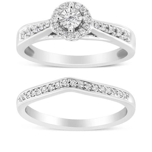 .925 Sterling Silver 1/3 Cttw Diamond Halo and Pave Shank Engagement Ring Set (i-j Color I3 Clarity) - Fine Jewelry