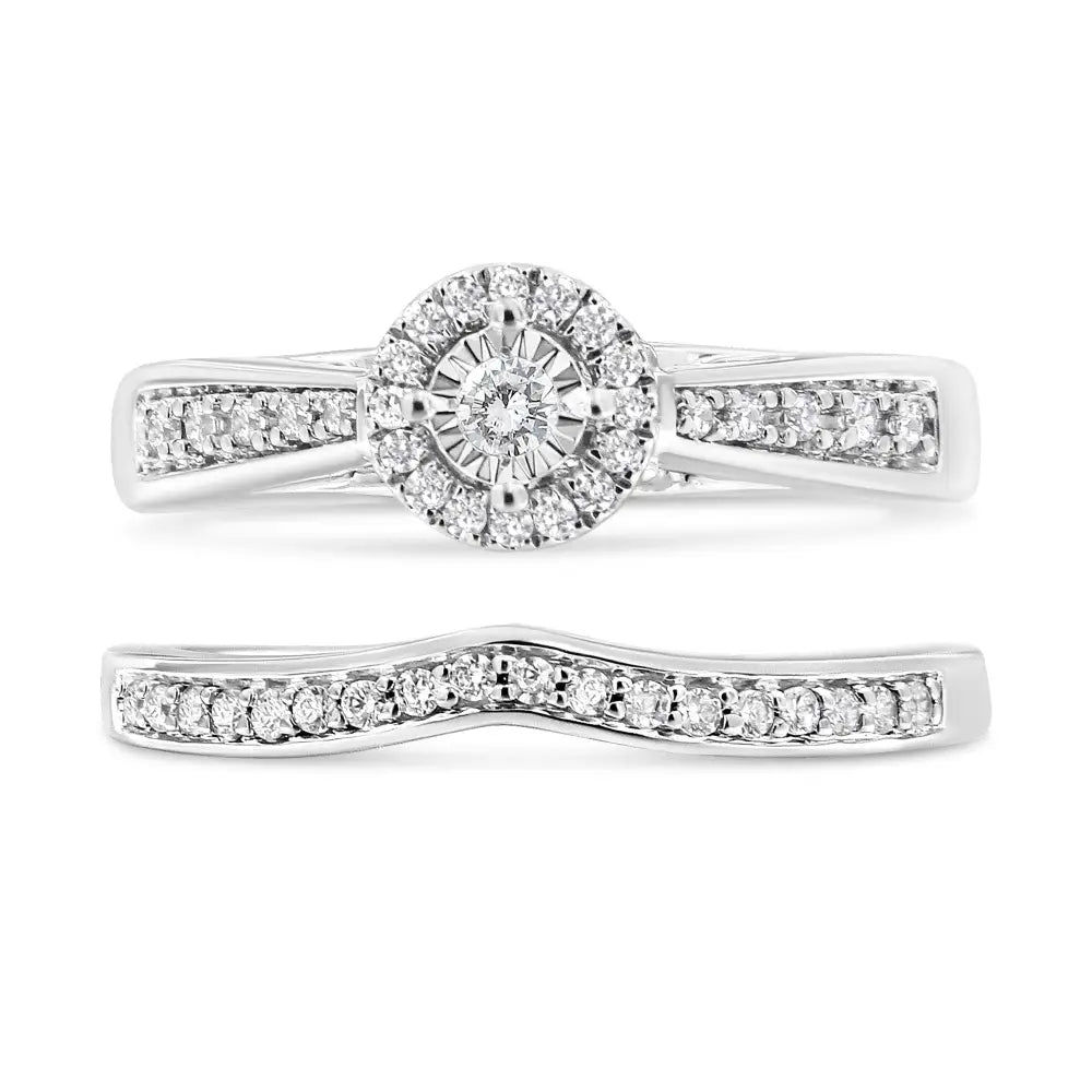 .925 Sterling Silver 1/3 Cttw Diamond Halo and Pave Shank Engagement Ring Set (i-j Color I3 Clarity) - Fine Jewelry