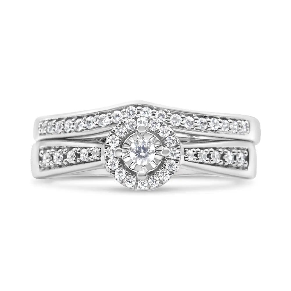 .925 Sterling Silver 1/3 Cttw Diamond Halo and Pave Shank Engagement Ring Set (i-j Color I3 Clarity) - Fine Jewelry