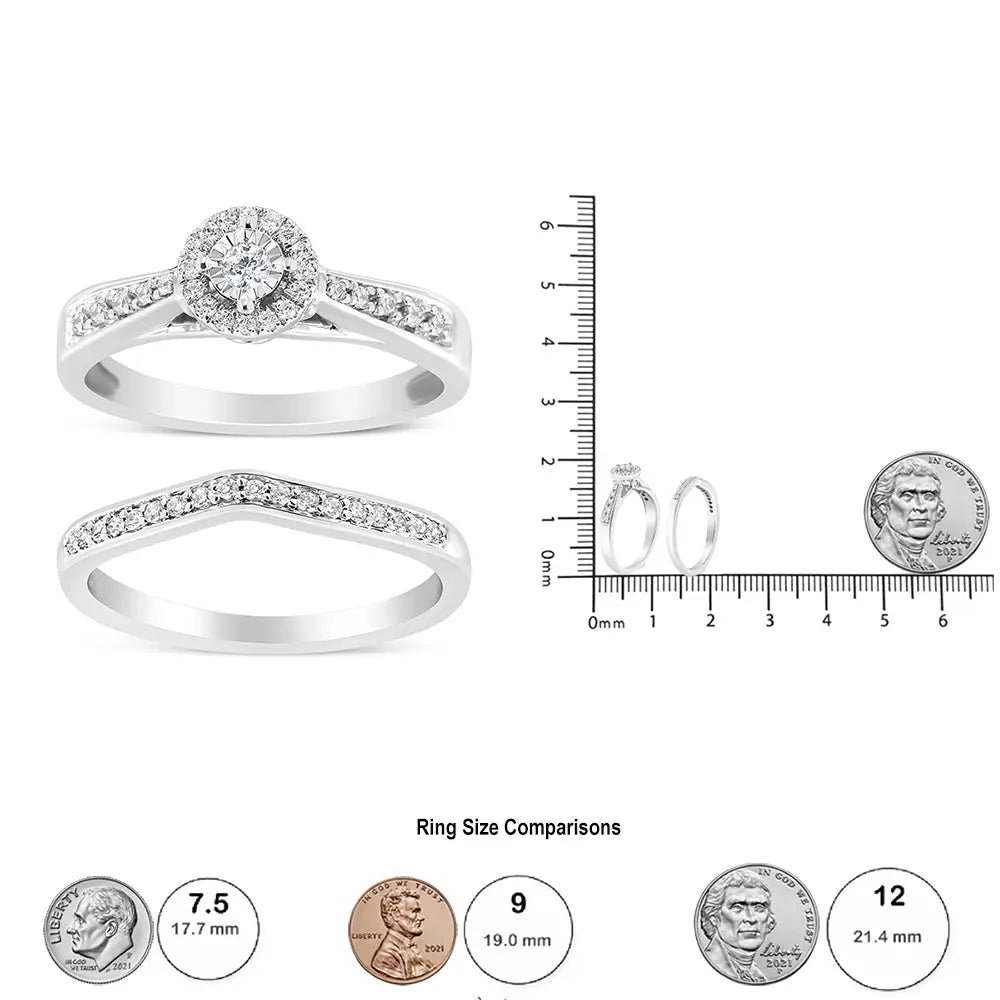 .925 Sterling Silver 1/3 Cttw Diamond Halo and Pave Shank Engagement Ring Set (i-j Color I3 Clarity) - Fine Jewelry