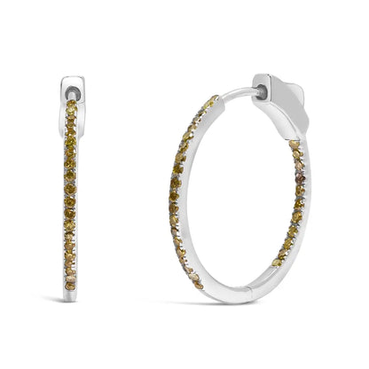 .925 Sterling Silver 1/3 Cttw Inside out Yellow Treated Diamond 1mm Wide Hoop Earrings (yellow Color I2-i3 Clarity)