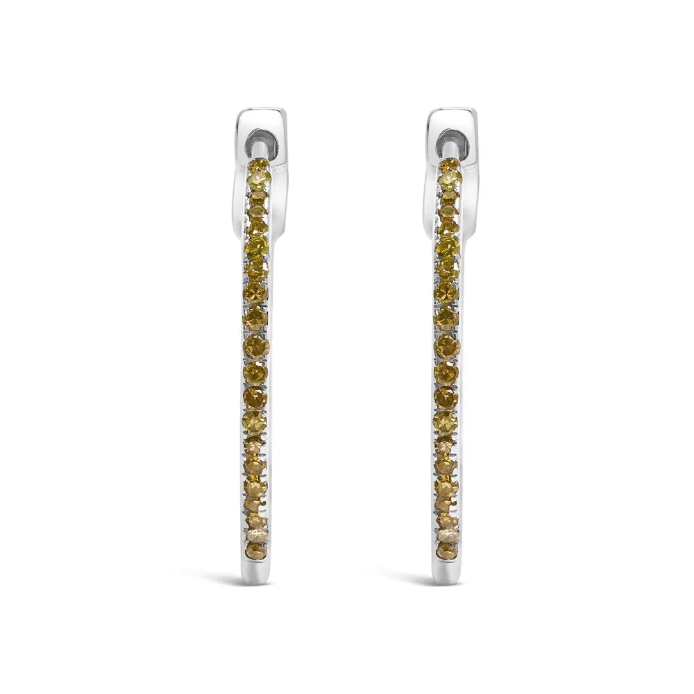 .925 Sterling Silver 1/3 Cttw Inside out Yellow Treated Diamond 1mm Wide Hoop Earrings (yellow Color I2-i3 Clarity)