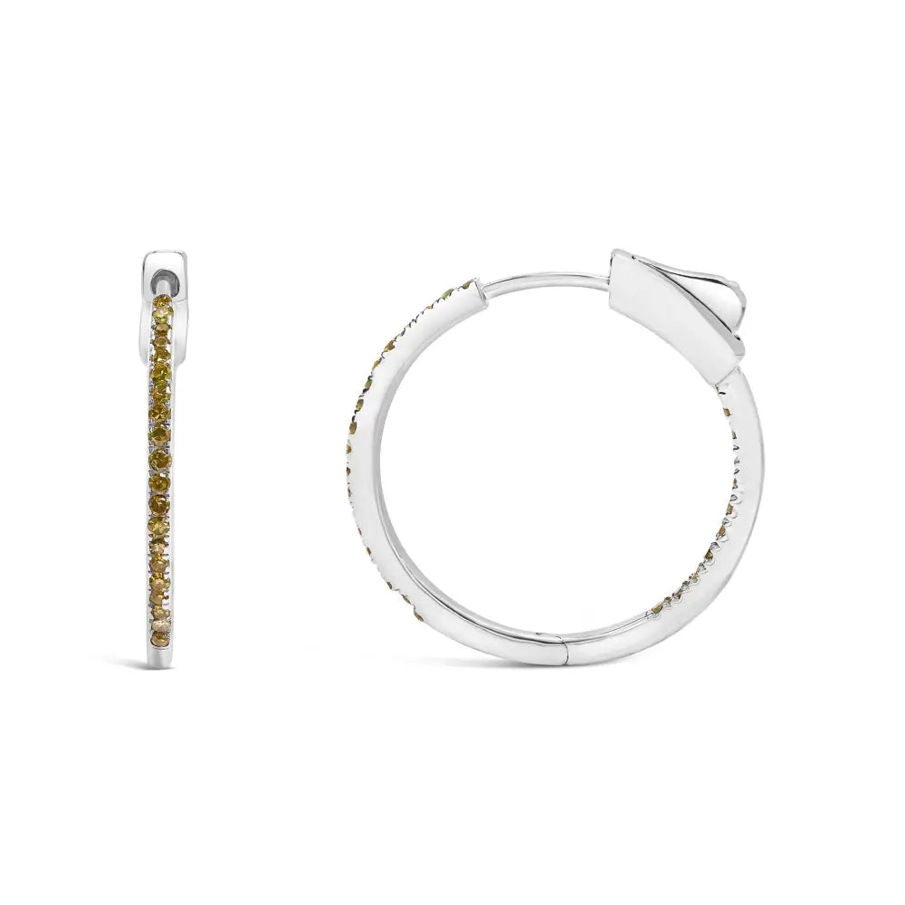 .925 Sterling Silver 1/3 Cttw Inside out Yellow Treated Diamond 1mm Wide Hoop Earrings (yellow Color I2-i3 Clarity)