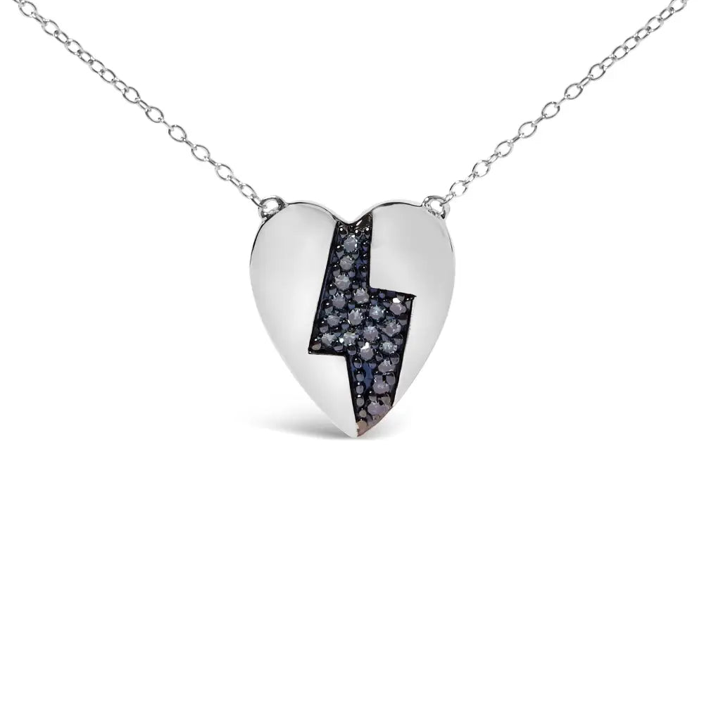 925 Sterling Silver 1/3 Ctw Blue Diamond Heart and Lightning Bolt Pendant Necklace (blue Color Si1-si2 Clarity)