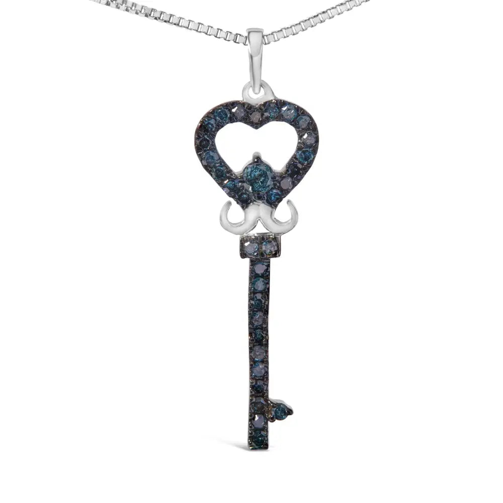 .925 Sterling Silver 1/3 Ctw Blue Diamond Studded Key 18’’ Pendant Necklace (blue Color I2-i3 Clarity) - Fine