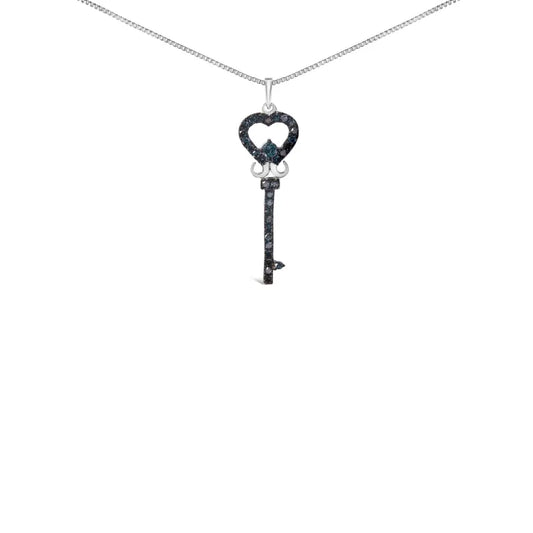 .925 Sterling Silver 1/3 Ctw Blue Diamond Studded Key 18’’ Pendant Necklace (blue Color I2-i3 Clarity) - Fine