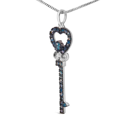 .925 Sterling Silver 1/3 Ctw Blue Diamond Studded Key 18’’ Pendant Necklace (blue Color I2-i3 Clarity) - Fine