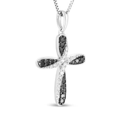 .925 Sterling Silver 1/4 Cttw Alternating Black and White Diamond Intertwining Ribbon Weave Cross 18’’ Pendant