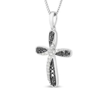 .925 Sterling Silver 1/4 Cttw Alternating Black and White Diamond Intertwining Ribbon Weave Cross 18’’ Pendant