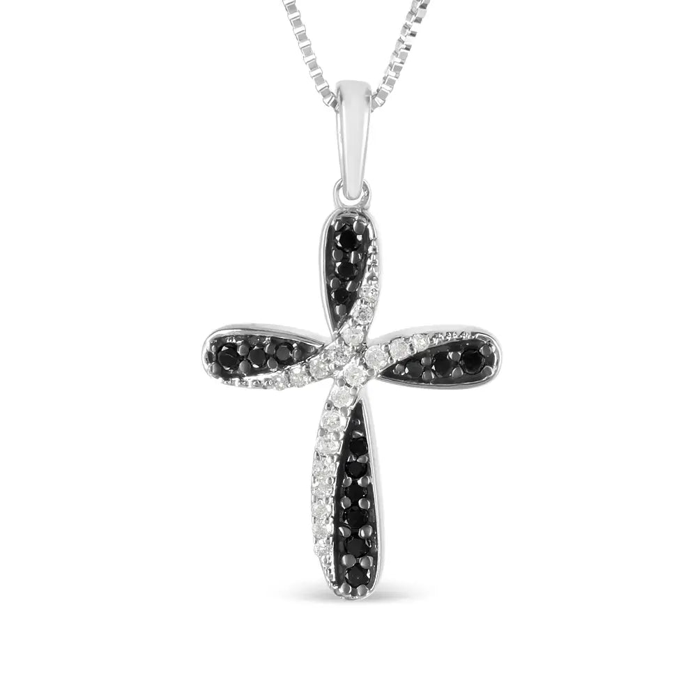 .925 Sterling Silver 1/4 Cttw Alternating Black and White Diamond Intertwining Ribbon Weave Cross 18’’ Pendant