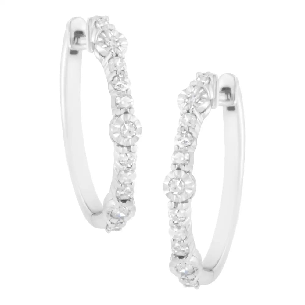 .925 Sterling Silver 1/4 Cttw Alternating Prong and Miracle Set Round-cut Diamond Hoop Earring (i-j Color I2-i3