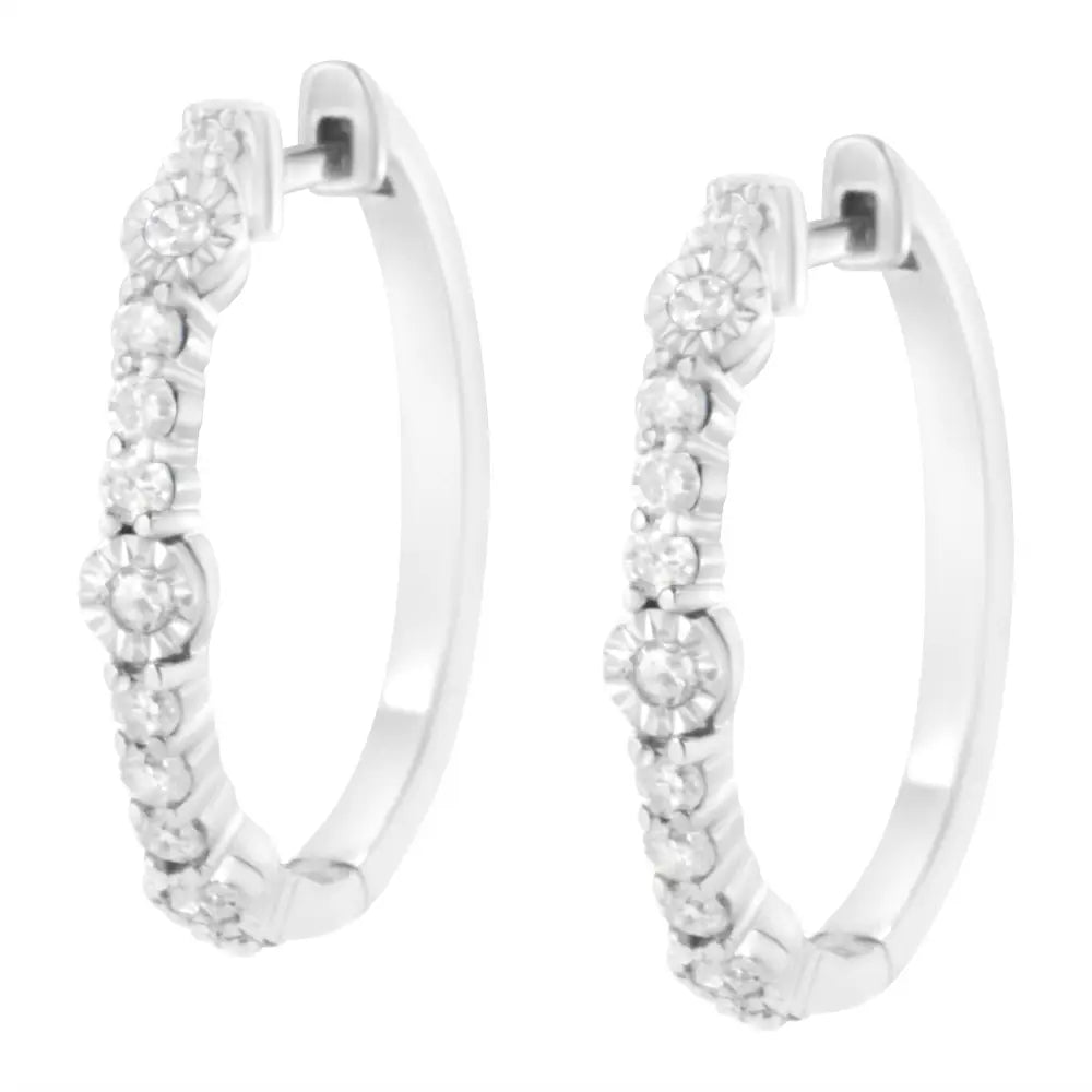 .925 Sterling Silver 1/4 Cttw Alternating Prong and Miracle Set Round-cut Diamond Hoop Earring (i-j Color I2-i3