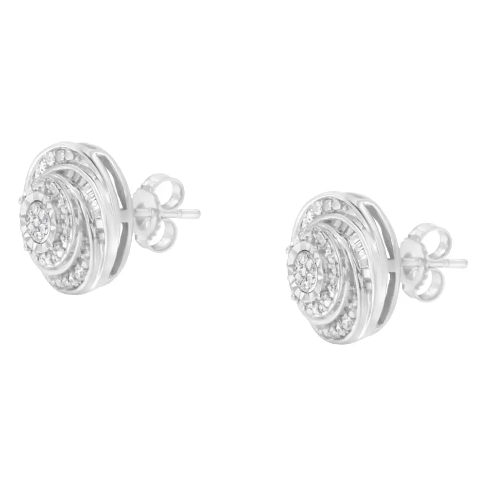 .925 Sterling Silver 1/4 Cttw Baguette and Round Diamond Swirl Love Knot Stud Earrings (i-j Color I3 Clarity) - Fine