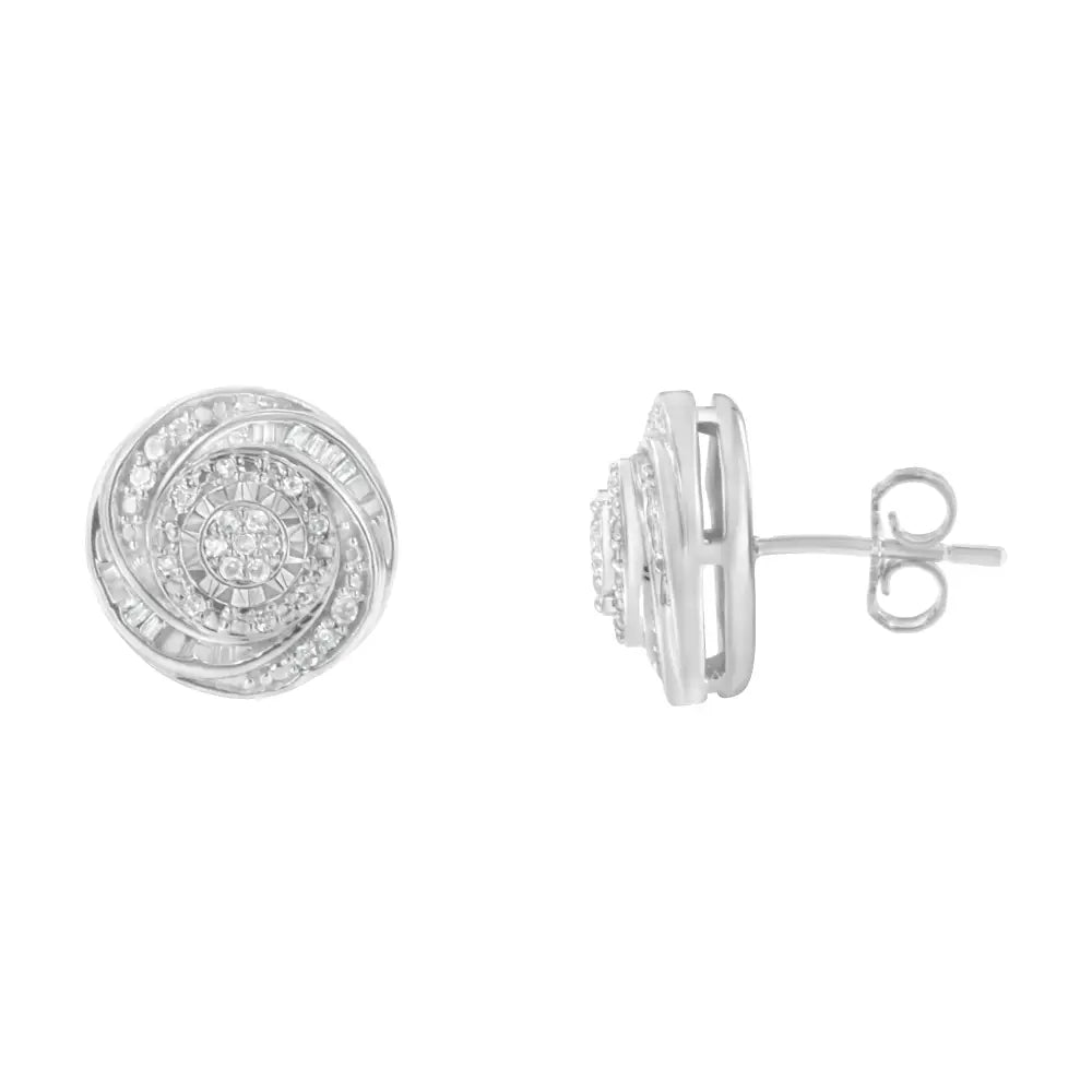 .925 Sterling Silver 1/4 Cttw Baguette and Round Diamond Swirl Love Knot Stud Earrings (i-j Color I3 Clarity) - Fine