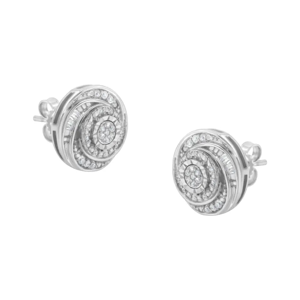 .925 Sterling Silver 1/4 Cttw Baguette and Round Diamond Swirl Love Knot Stud Earrings (i-j Color I3 Clarity) - Fine