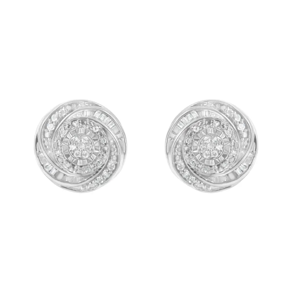 .925 Sterling Silver 1/4 Cttw Baguette and Round Diamond Swirl Love Knot Stud Earrings (i-j Color I3 Clarity) - Fine