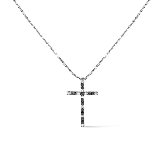 .925 Sterling Silver 1/4 Cttw Black and White Diamond Cross 18’’ Pendant Necklace (h-i Color I2-i3 Clarity) - Fine