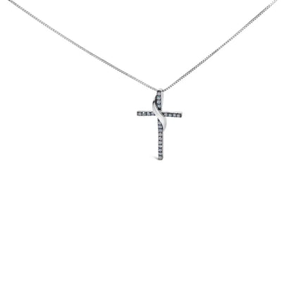 .925 Sterling Silver 1/4 Cttw Blue Diamond Ribbon Swirl Over Cross Pendant Necklace (blue Color I2-i3 Clarity)