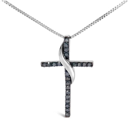 .925 Sterling Silver 1/4 Cttw Blue Diamond Ribbon Swirl Over Cross Pendant Necklace (blue Color I2-i3 Clarity)