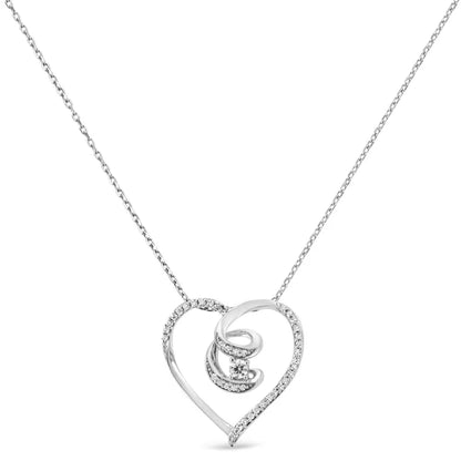 .925 Sterling Silver 1/4 Cttw Brilliant-cut Diamond Open Heart Twisted Awareness Ribbon 18’’ Pendant Necklace (h-i