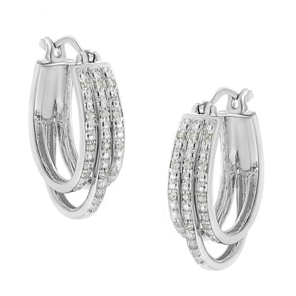 .925 Sterling Silver 1/4 Cttw Diamond and Alternating Beaded Triple Hoop Earring (i-j Color I3 Clarity) - Fine Jewelry