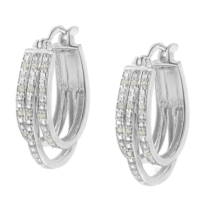 .925 Sterling Silver 1/4 Cttw Diamond and Alternating Beaded Triple Hoop Earring (i-j Color I3 Clarity) - Fine Jewelry