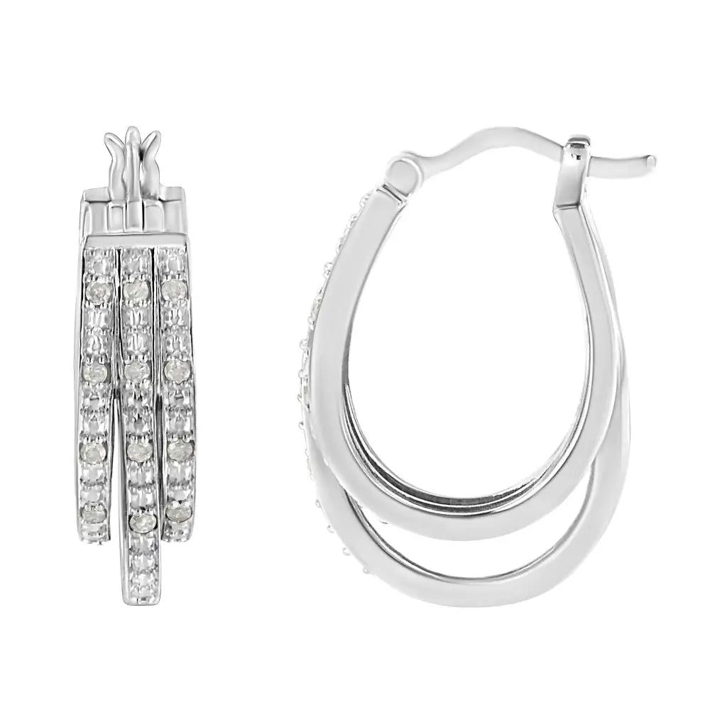 .925 Sterling Silver 1/4 Cttw Diamond and Alternating Beaded Triple Hoop Earring (i-j Color I3 Clarity) - Fine Jewelry