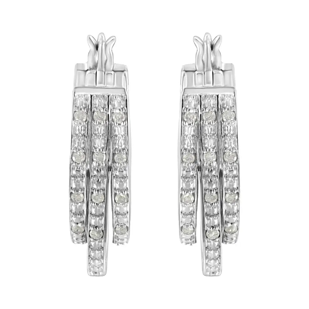 .925 Sterling Silver 1/4 Cttw Diamond and Alternating Beaded Triple Hoop Earring (i-j Color I3 Clarity) - Fine Jewelry