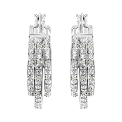 .925 Sterling Silver 1/4 Cttw Diamond and Alternating Beaded Triple Hoop Earring (i-j Color I3 Clarity) - Fine Jewelry