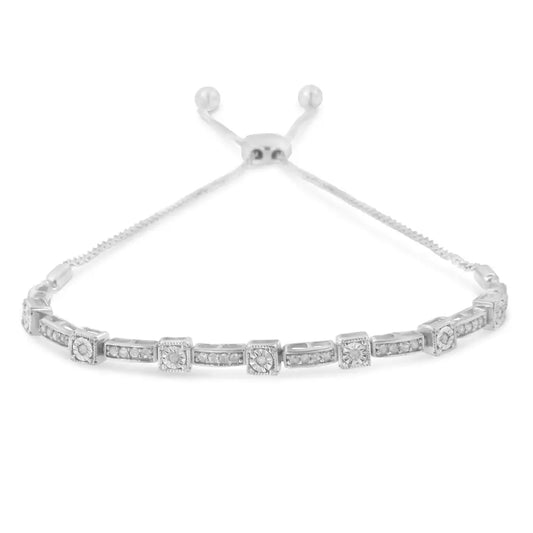 .925 Sterling Silver 1/4 Cttw Diamond Art Deco Milgrain Square Station & Bar Style Adjustable Bolo 6’’-9’’