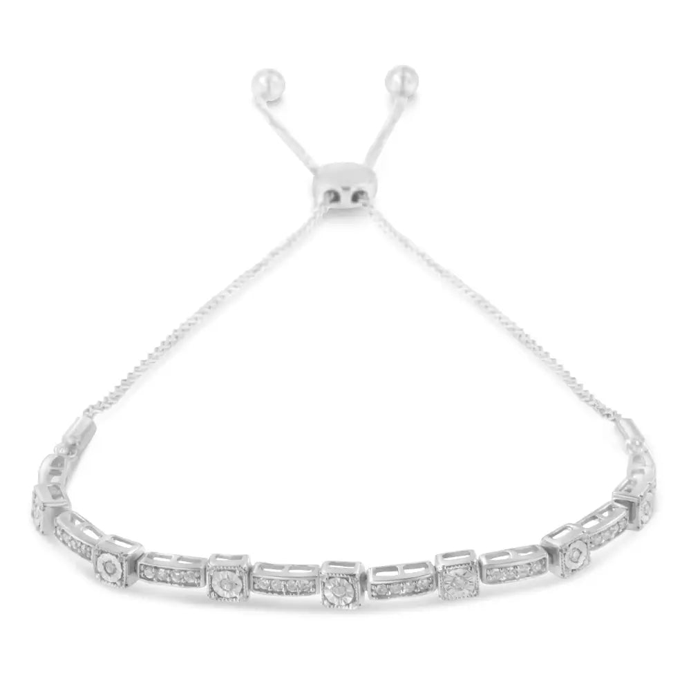 .925 Sterling Silver 1/4 Cttw Diamond Art Deco Milgrain Square Station & Bar Style Adjustable Bolo 6’’-9’’