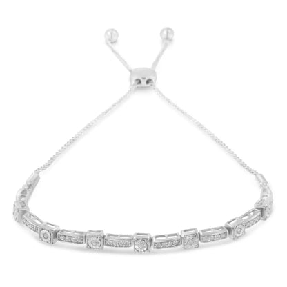 .925 Sterling Silver 1/4 Cttw Diamond Art Deco Milgrain Square Station & Bar Style Adjustable Bolo 6’’-9’’