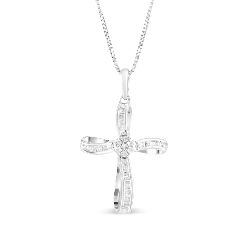 .925 Sterling Silver 1/4 Cttw Diamond Floral Cluster Cross Pendant Necklace (i-j Color I2-i3 Clarity) - Fine Jewelry